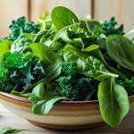 A bowl of the healthiest leafy green vegetables, including kale, spinach, and arugula