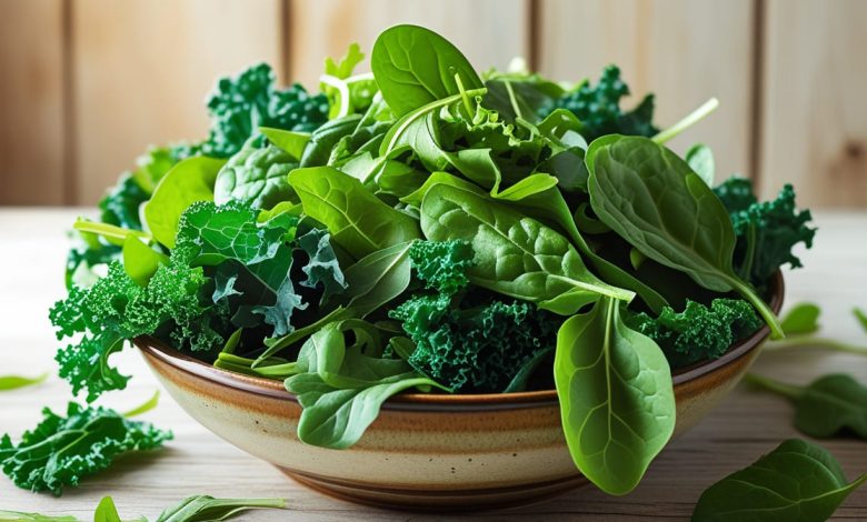 A bowl of the healthiest leafy green vegetables, including kale, spinach, and arugula