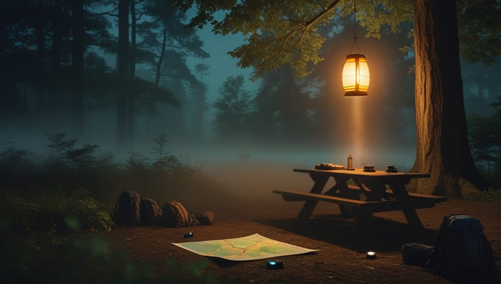 A serene nighttime camping scene illuminated by a warm lantern
